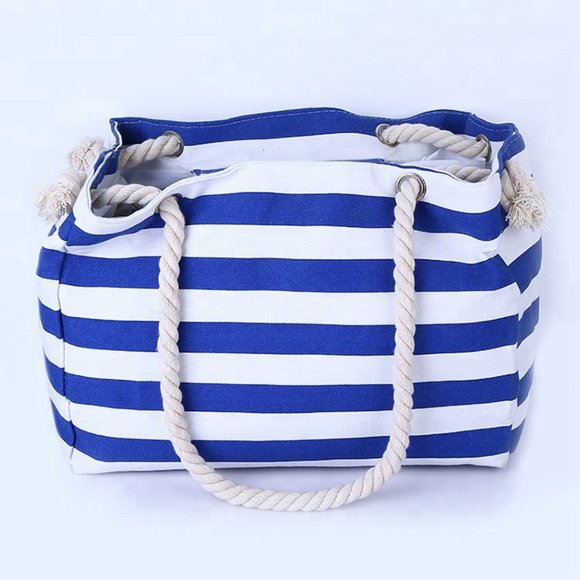 Navy Large Zipper Stripe tote beach bag - Picture 3 of 5